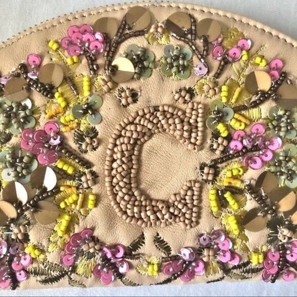 Anthropologie Beaded Leather Pouch Clutch Monogramed Letter C - Picture 3 of 6